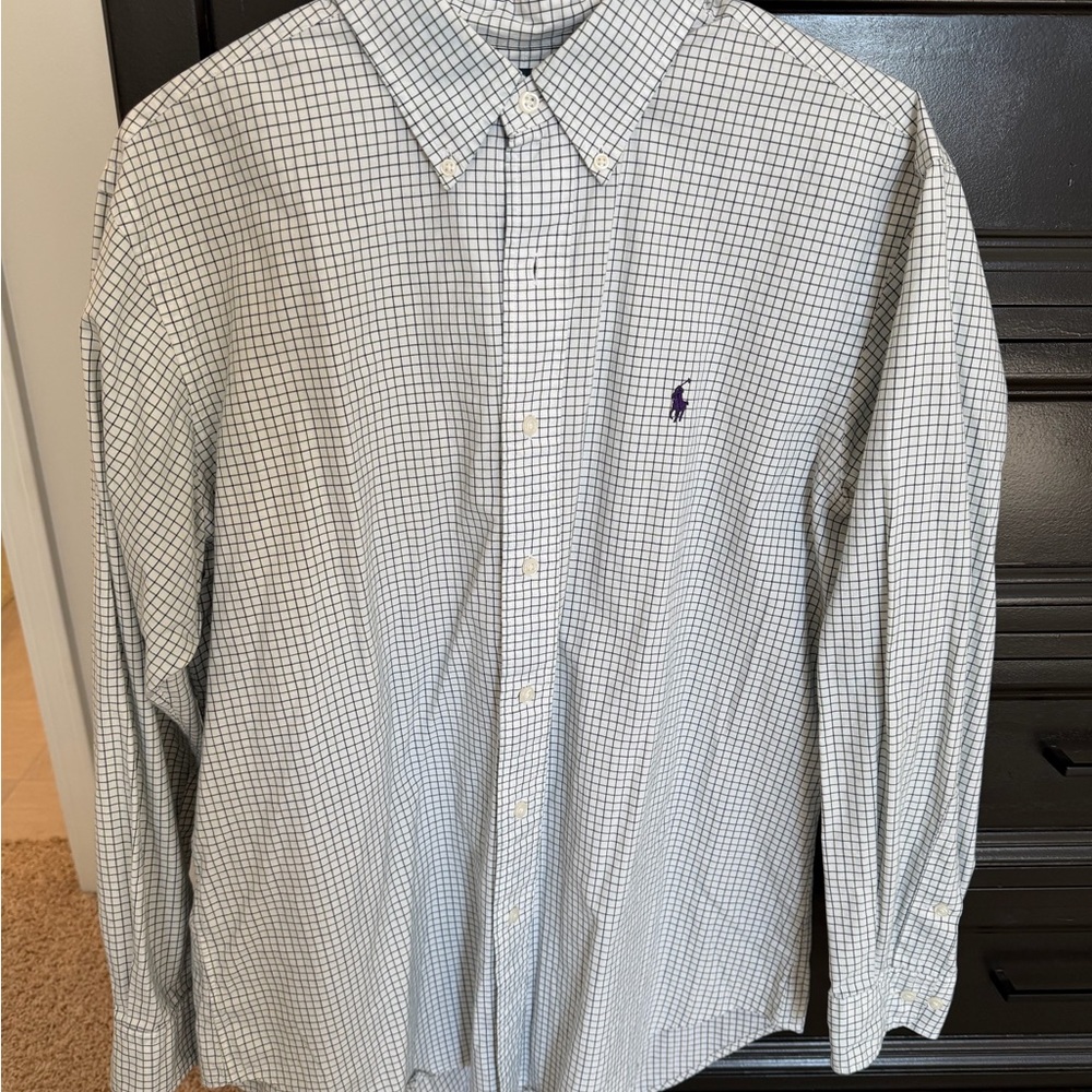 Ralph Lauren Men's White and Blue Checkered Dress Shirt
